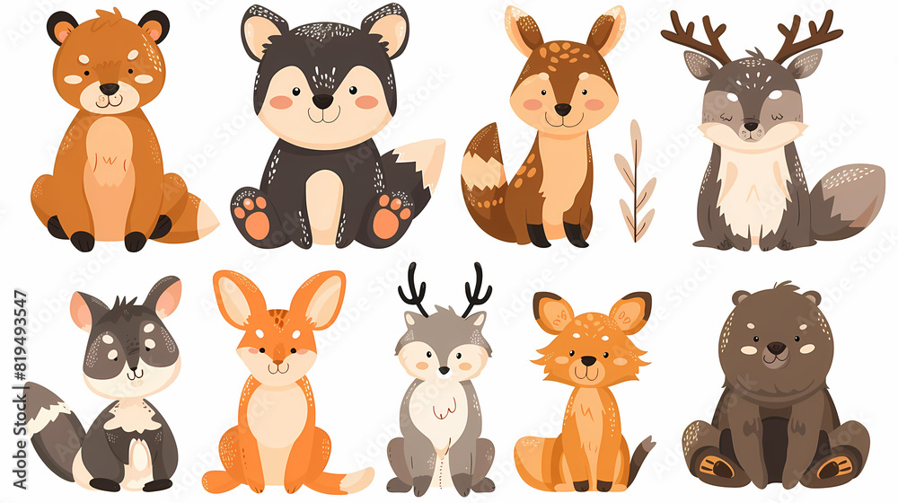 Obraz premium A set of cute cartoon animals. Vector flat images of animals for postcards, invitations, textiles, thermal printing