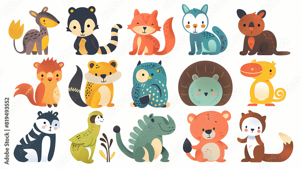 A set of cute cartoon animals. Vector flat images of animals for postcards, invitations, textiles, thermal printing A set of cute cartoon animals. Vector flat images of animals for postcards, invitations, textiles, thermal printing
