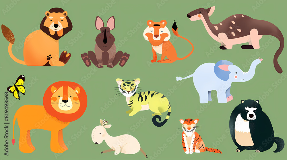 Obraz premium A set of cute cartoon animals. Vector flat images of animals for postcards, invitations, textiles, thermal printing