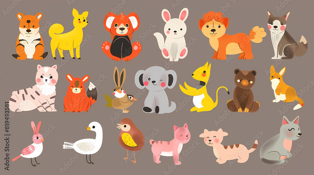 Fototapeta premium A set of cute cartoon animals. Vector flat images of animals for postcards, invitations, textiles, thermal printing