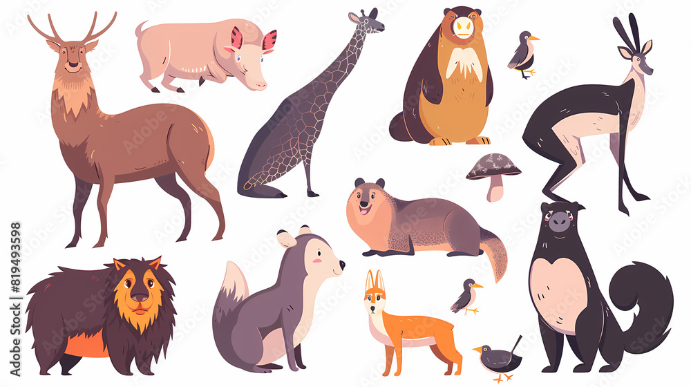 Fototapeta premium A set of cute cartoon animals. Vector flat images of animals for postcards, invitations, textiles, thermal printing