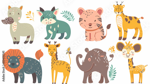 A set of cute cartoon animals. Vector flat images of animals for postcards  invitations  textiles  thermal printing