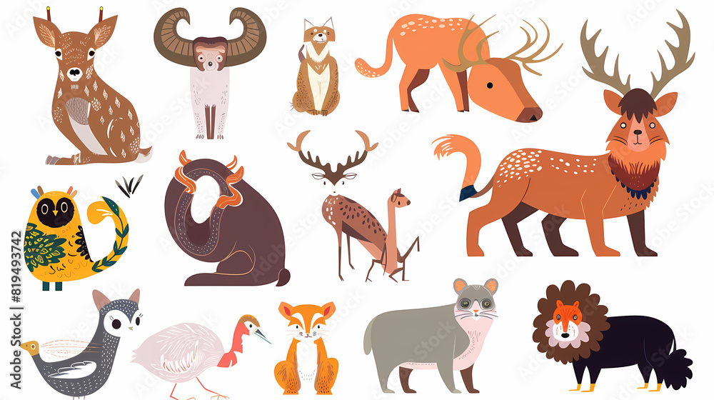 Obraz premium A set of cute cartoon animals. Vector flat images of animals for postcards, invitations, textiles, thermal printing