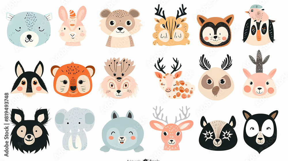 A set of cute cartoon animals. Vector flat images of animals for postcards, invitations, textiles, thermal printing