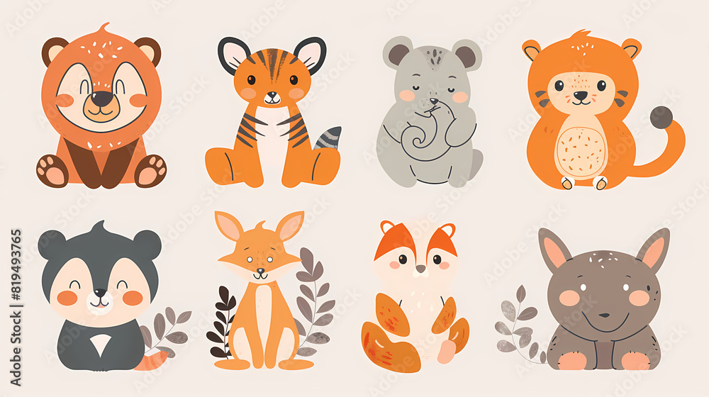 A set of cute cartoon animals. Vector flat images of animals for postcards, invitations, textiles, thermal printing A set of cute cartoon animals. Vector flat images of animals for postcards, invitations, textiles, thermal printing