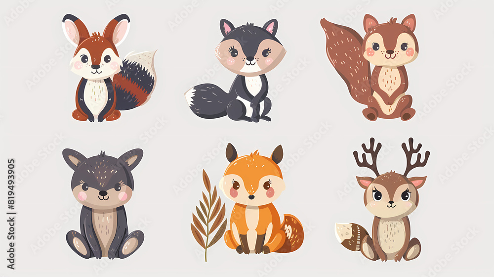 Fototapeta premium A set of cute cartoon animals. Vector flat images of animals for postcards, invitations, textiles, thermal printing