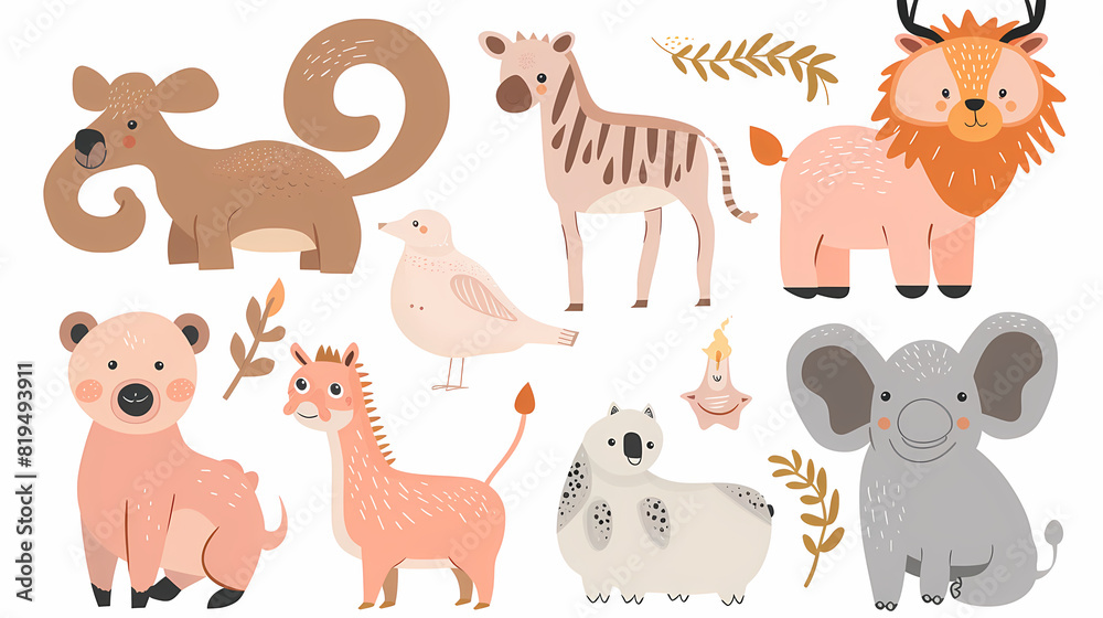 Obraz premium A set of cute cartoon animals. Vector flat images of animals for postcards, invitations, textiles, thermal printing