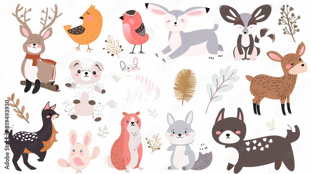 A set of cute cartoon animals. Vector flat images of animals for postcards, invitations, textiles, thermal printing A set of cute cartoon animals. Vector flat images of animals for postcards, invitations, textiles, thermal printing