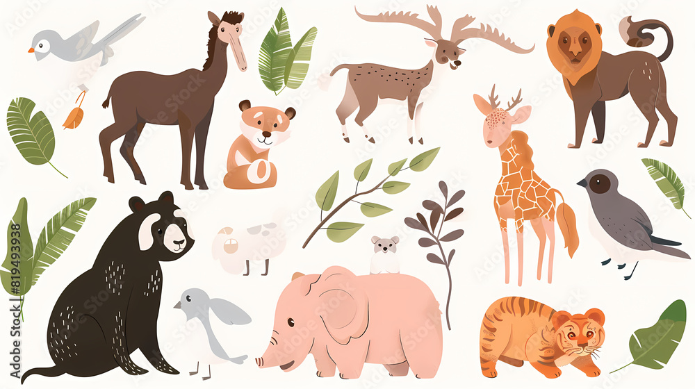 Fototapeta premium A set of cute cartoon animals. Vector flat images of animals for postcards, invitations, textiles, thermal printing