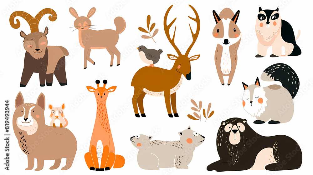A set of cute cartoon animals. Vector flat images of animals for postcards, invitations, textiles, thermal printing A set of cute cartoon animals. Vector flat images of animals for postcards, invitations, textiles, thermal printing