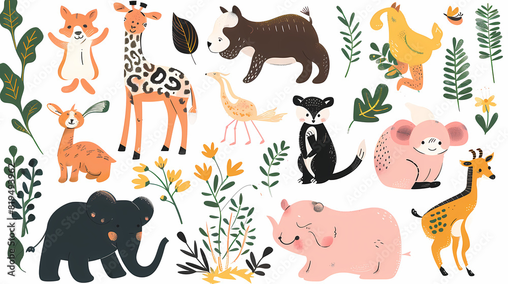 Naklejka premium A set of cute cartoon animals. Vector flat images of animals for postcards, invitations, textiles, thermal printing