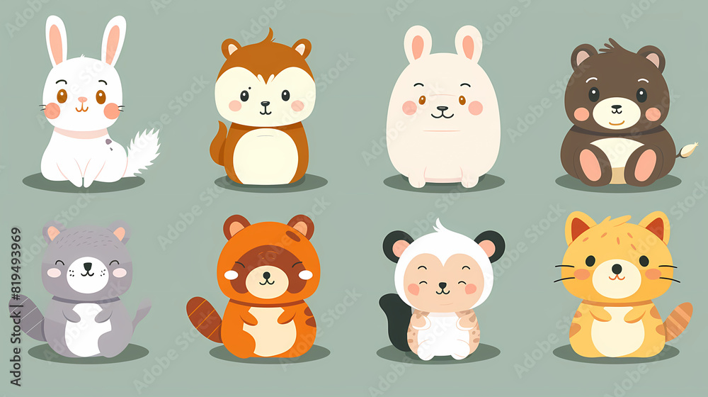 A set of cute cartoon animals. Vector flat images of animals for postcards, invitations, textiles, thermal printing A set of cute cartoon animals. Vector flat images of animals for postcards, invitations, textiles, thermal printing
