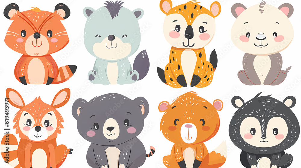 A set of cute cartoon animals. Vector flat images of animals for postcards, invitations, textiles, thermal printing