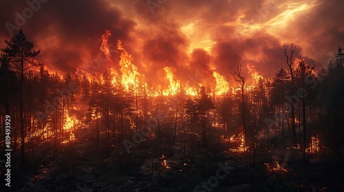 An image of a raging wildfire engulfing a forest, representing the increased risk of wildfires due to climate change and extreme weather events..stock photo