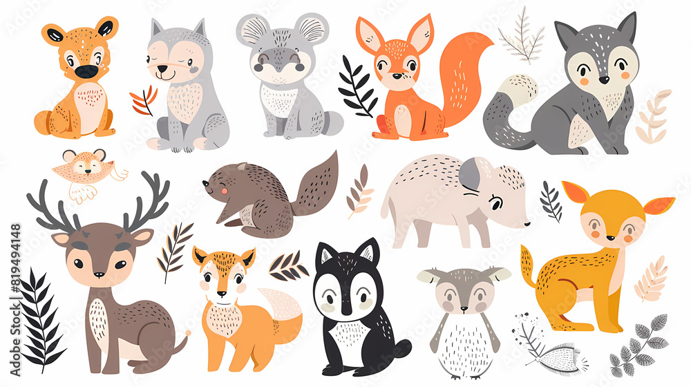 A set of cute cartoon animals. Vector flat images of animals for postcards, invitations, textiles, thermal printing