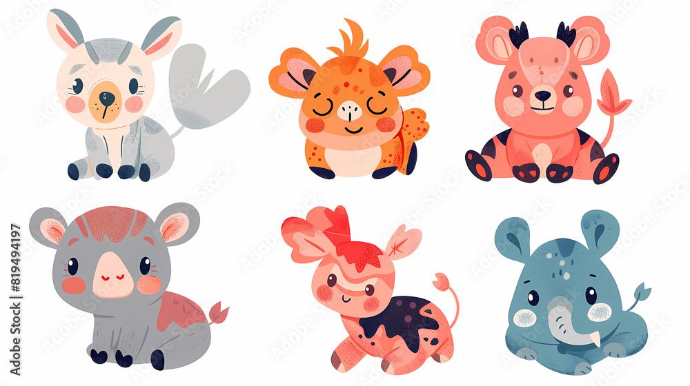 Fototapeta premium A set of cute cartoon animals. Vector flat images of animals for postcards, invitations, textiles, thermal printing