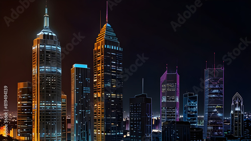 Glossy and artistic neon light effect urban landscapes of modern towering cities and Skyscrapers or Artistic textures and futuristic townscapes ai generative #819494139