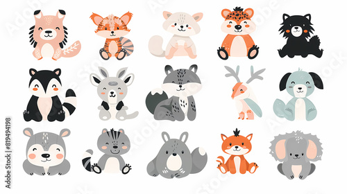 A set of cute cartoon animals. Vector flat images of animals for postcards, invitations, textiles, thermal printing