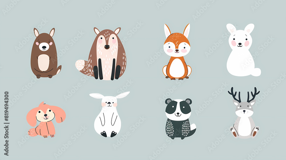 A set of cute cartoon animals. Vector flat images of animals for postcards, invitations, textiles, thermal printing