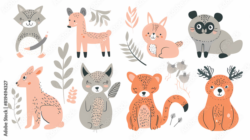 A set of cute cartoon animals. Vector flat images of animals for postcards, invitations, textiles, thermal printing A set of cute cartoon animals. Vector flat images of animals for postcards, invitations, textiles, thermal printing