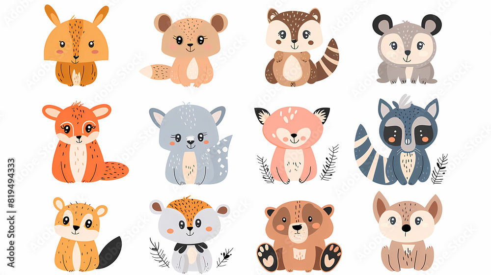 A set of cute cartoon animals. Vector flat images of animals for postcards, invitations, textiles, thermal printing