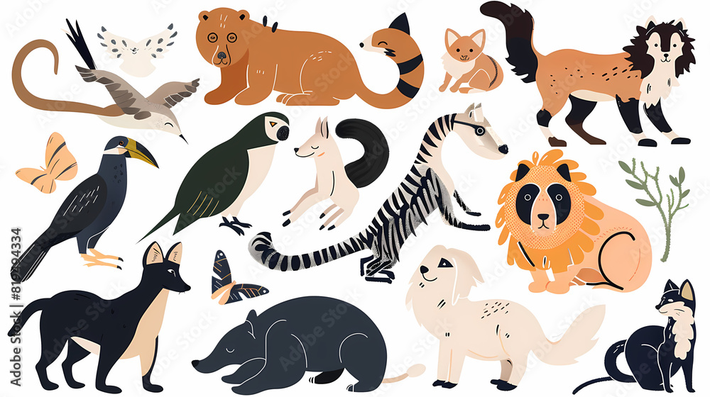 Obraz premium A set of cute cartoon animals. Vector flat images of animals for postcards, invitations, textiles, thermal printing