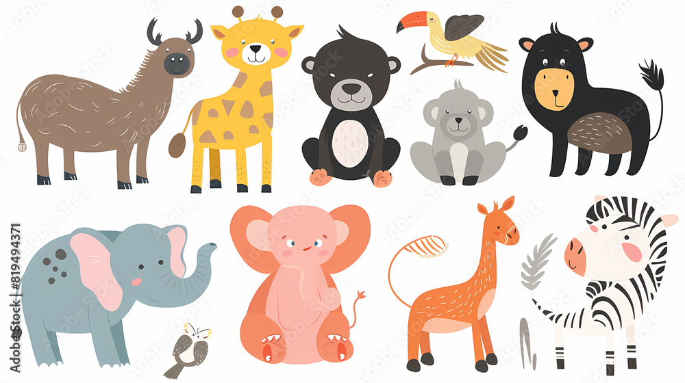 A set of cute cartoon animals. Vector flat images of animals for postcards, invitations, textiles, thermal printing A set of cute cartoon animals. Vector flat images of animals for postcards, invitations, textiles, thermal printing