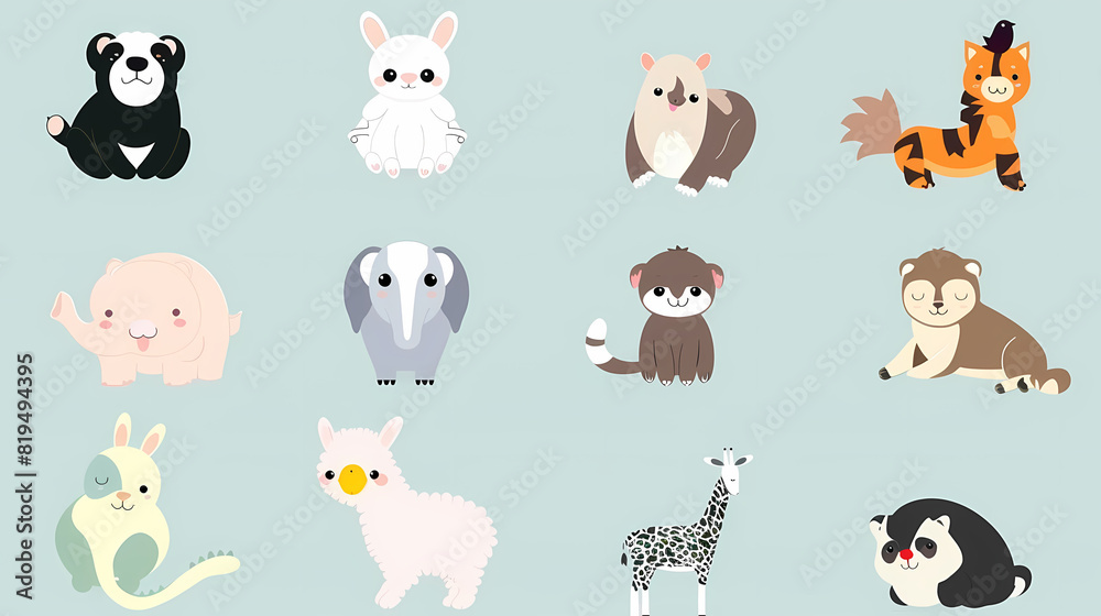 A set of cute cartoon animals. Vector flat images of animals for postcards, invitations, textiles, thermal printing A set of cute cartoon animals. Vector flat images of animals for postcards, invitations, textiles, thermal printing