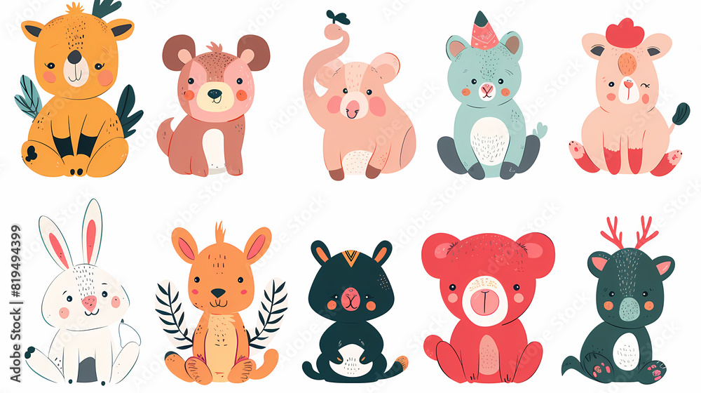 A set of cute cartoon animals. Vector flat images of animals for postcards, invitations, textiles, thermal printing