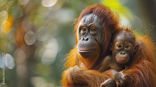 A photo of a mother orangutan with her baby clinging to her back, representing the urgent need to protect endangered primates and their habitats..stock image