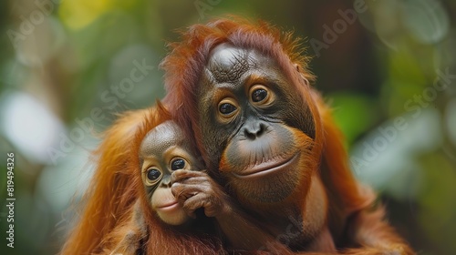 A photo of a mother orangutan with her baby clinging to her back, representing the urgent need to protect endangered primates and their habitats..illustration graphic