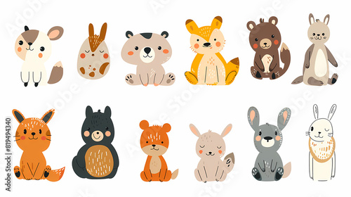 A set of cute cartoon animals. Vector flat images of animals for postcards, invitations, textiles, thermal printing