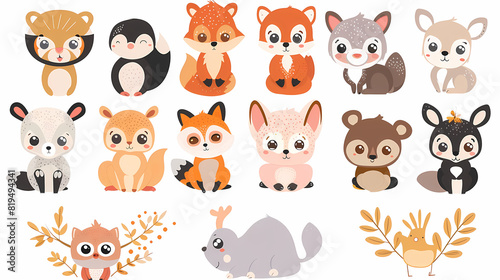 A set of cute cartoon animals. Vector flat images of animals for postcards, invitations, textiles, thermal printing