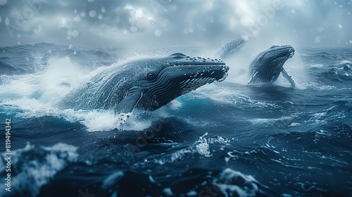 An image of a group of whales breaching the ocean surface, symbolizing the importance of marine conservation and protecting marine ecosystems from pollution and overfishing..illustration © Claudine
