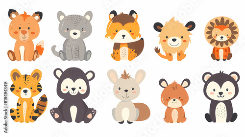 A set of cute cartoon animals. Vector flat images of animals for postcards, invitations, textiles, thermal printing