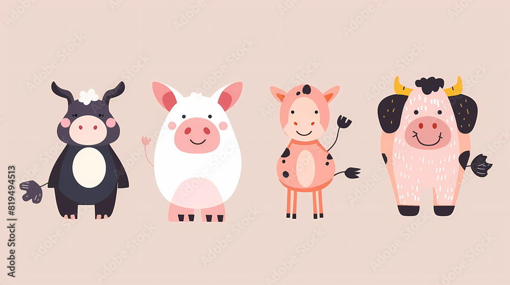 Obraz premium A set of cute cartoon animals. Vector flat images of animals for postcards, invitations, textiles, thermal printing