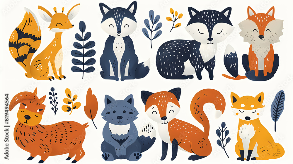 A set of cute cartoon animals. Vector flat images of animals for postcards, invitations, textiles, thermal printing A set of cute cartoon animals. Vector flat images of animals for postcards, invitations, textiles, thermal printing