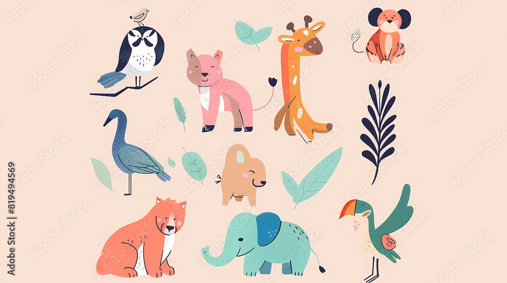 Obraz premium A set of cute cartoon animals. Vector flat images of animals for postcards, invitations, textiles, thermal printing