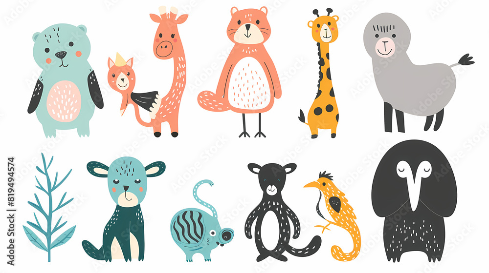Naklejka premium A set of cute cartoon animals. Vector flat images of animals for postcards, invitations, textiles, thermal printing