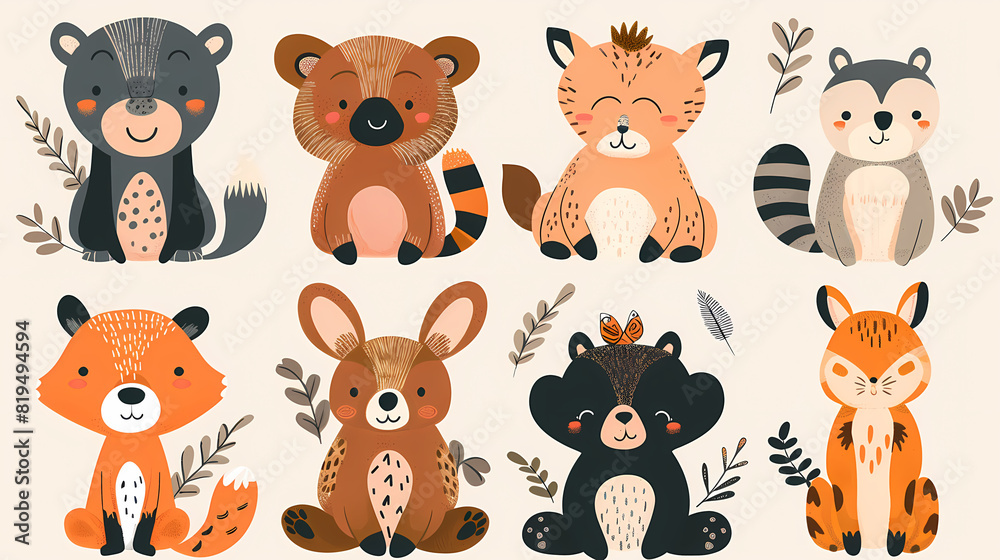 Obraz premium A set of cute cartoon animals. Vector flat images of animals for postcards, invitations, textiles, thermal printing