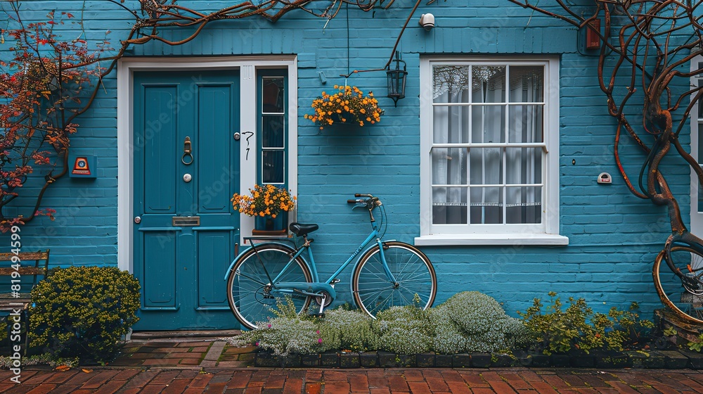 A photo of a bicycle parked in front of a house, representing the eco-friendly choice of using bicycles for transportation and reducing carbon emissions..stock image