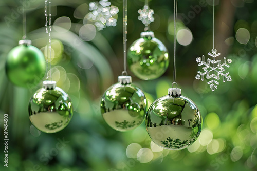 Tranquil scene of holiday green with hanging snowflakes and reflective glass ornaments.