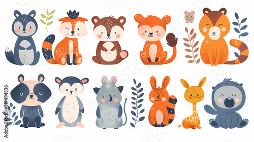 A set of cute cartoon animals. Vector flat images of animals for postcards, invitations, textiles, thermal printing