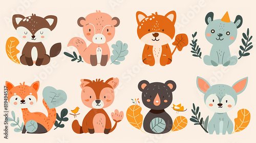 A set of cute cartoon animals. Vector flat images of animals for postcards, invitations, textiles, thermal printing