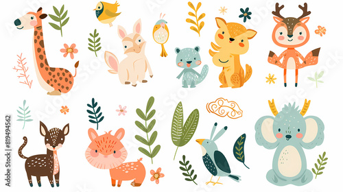 A set of cute cartoon animals. Vector flat images of animals for postcards  invitations  textiles  thermal printing