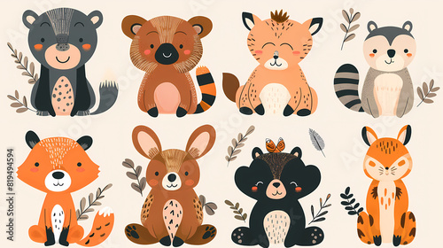 A set of cute cartoon animals. Vector flat images of animals for postcards, invitations, textiles, thermal printing