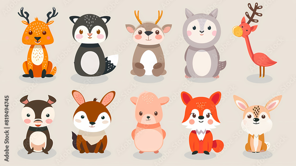 A set of cute cartoon animals. Vector flat images of animals for postcards, invitations, textiles, thermal printing A set of cute cartoon animals. Vector flat images of animals for postcards, invitations, textiles, thermal printing