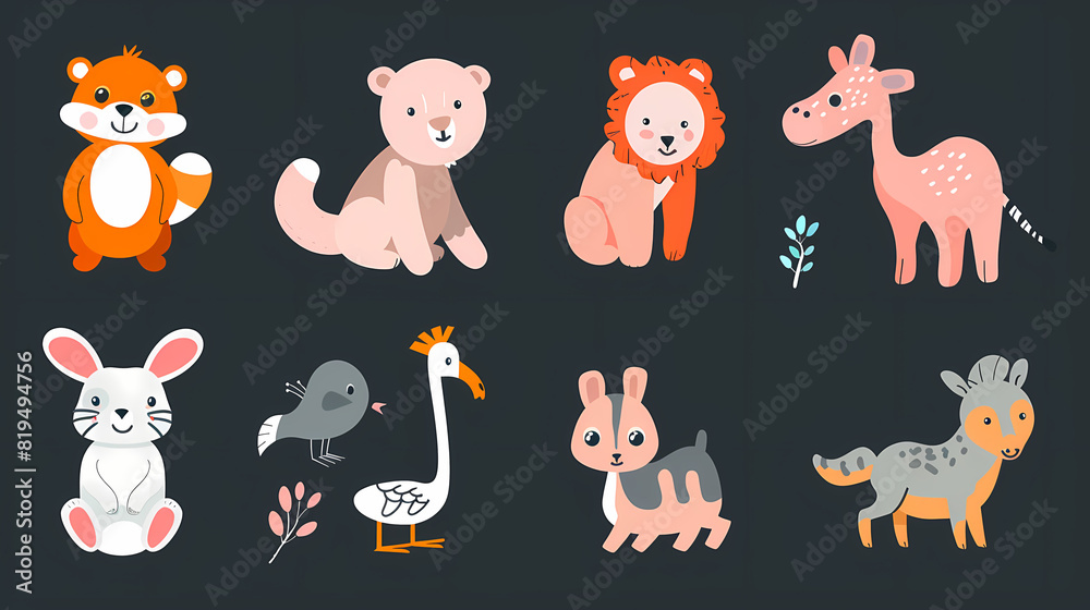 A set of cute cartoon animals. Vector flat images of animals for postcards, invitations, textiles, thermal printing A set of cute cartoon animals. Vector flat images of animals for postcards, invitations, textiles, thermal printing