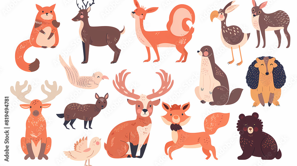 Obraz premium A set of cute cartoon animals. Vector flat images of animals for postcards, invitations, textiles, thermal printing