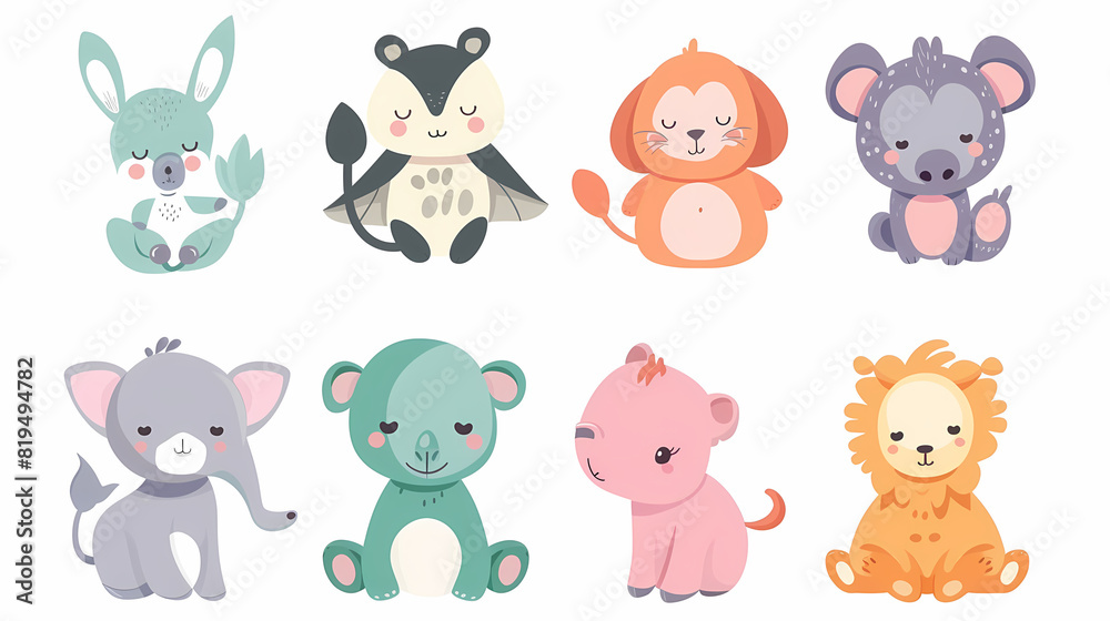A set of cute cartoon animals. Vector flat images of animals for postcards, invitations, textiles, thermal printing A set of cute cartoon animals. Vector flat images of animals for postcards, invitations, textiles, thermal printing